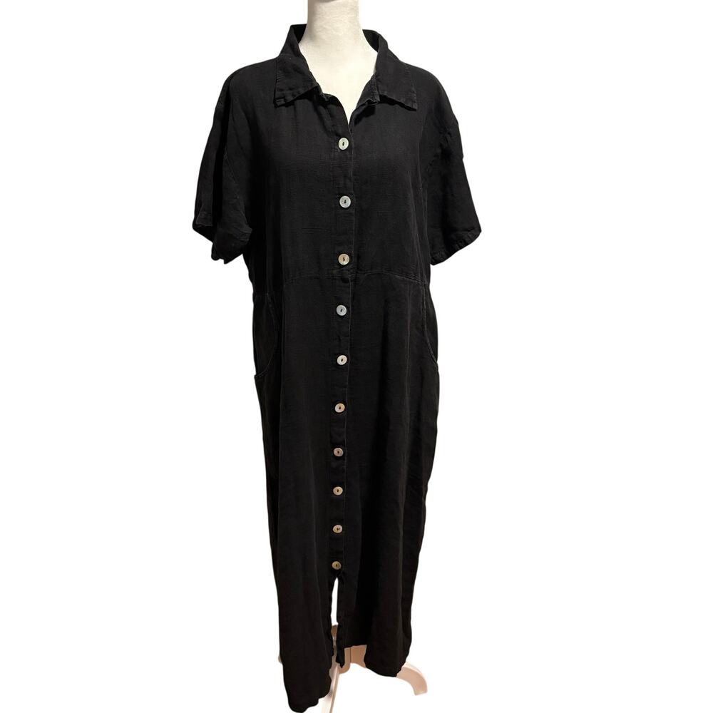 Subtle Tones Size XL Linen Midi Dress Button Front Shirt Dress Black Made in USA - Picture 1 of 6